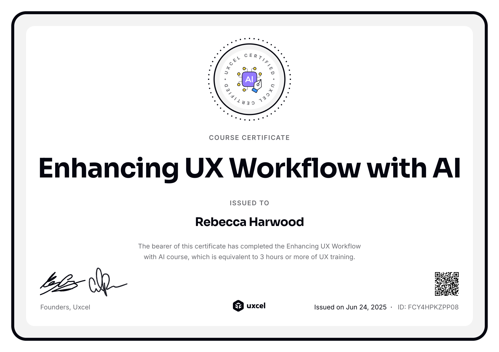 Rebecca Harwood's certificate